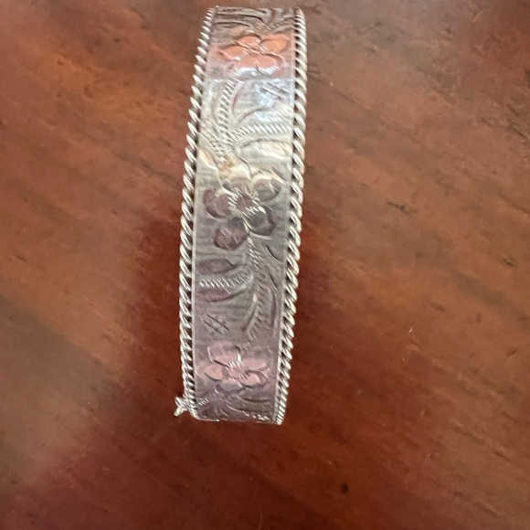 Vintage Sterling Silver Floral Etched Hinged Bracelet Bangle Safety Chain 7" 24g - Picture 6 of 7